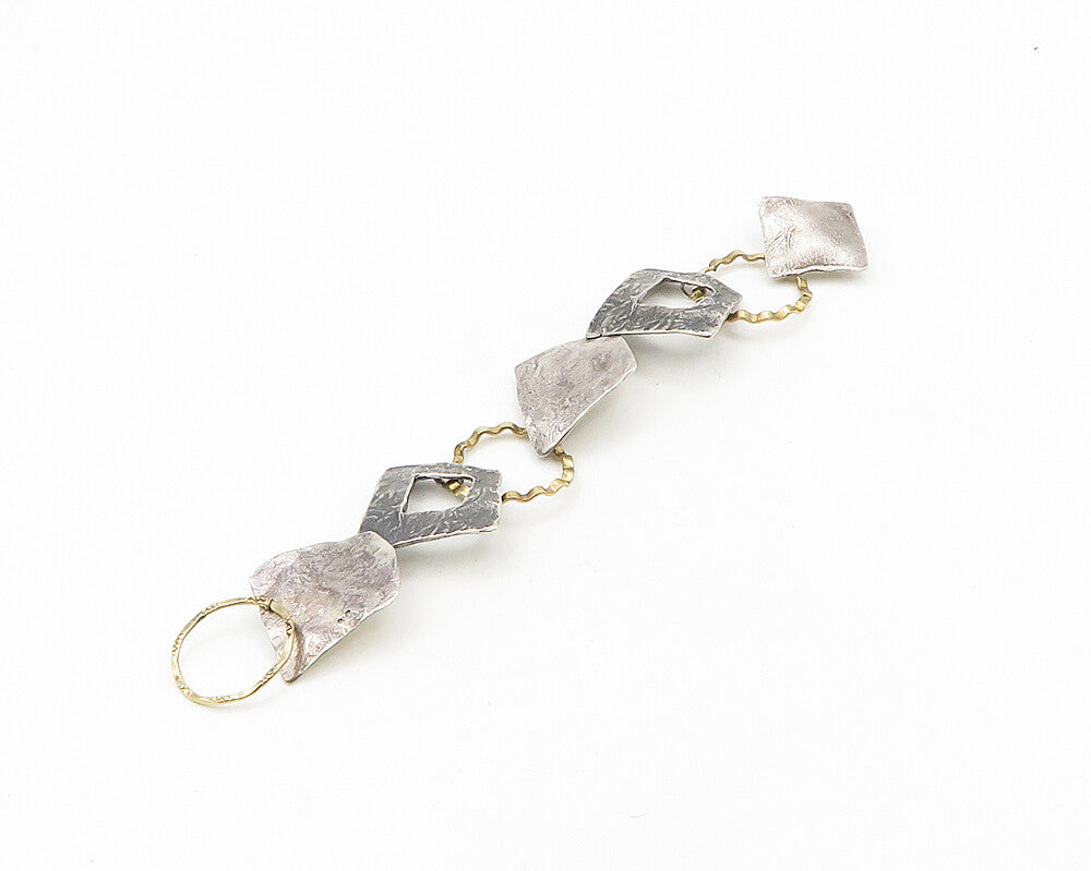 925 Silver & 14K GOLD  Vintage 2 Tone Sculpted Modernist Chain Bracelet BT7763