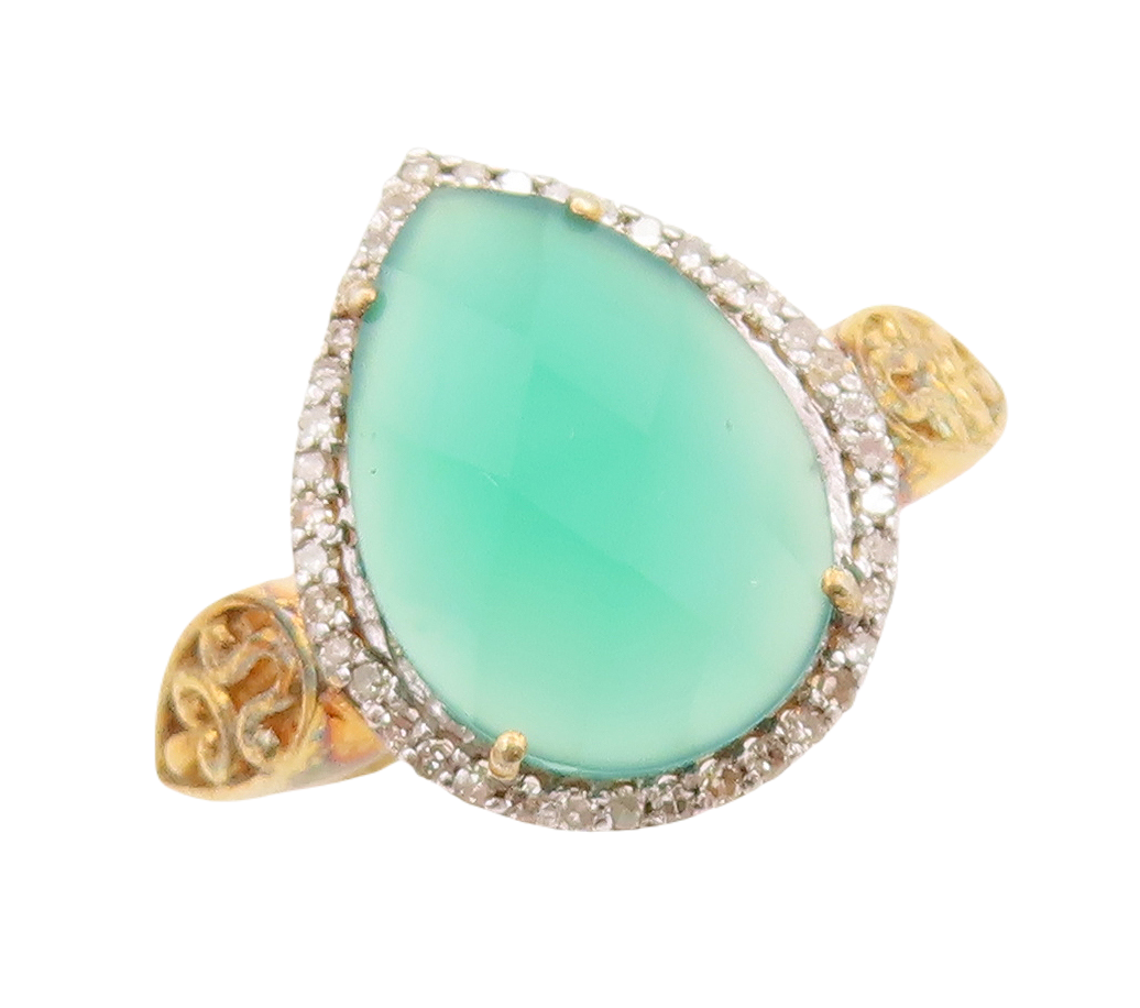 925 Sterling Silver Vintage Ring Gold Plated Diamond Green Gemstone Sz 8 RG29192