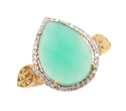925 Sterling Silver Vintage Ring Gold Plated Diamond Green Gemstone Sz 8 RG29192