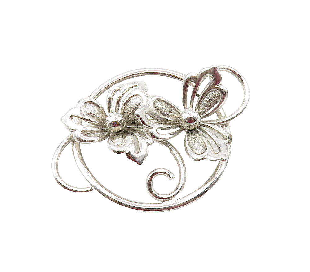 925 Sterling Silver  Vintage Shiny Swirl Flowers Motif Brooch Pin  BP6015
