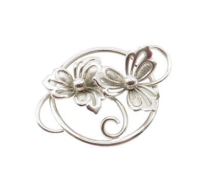925 Sterling Silver  Vintage Shiny Swirl Flowers Motif Brooch Pin  BP6015