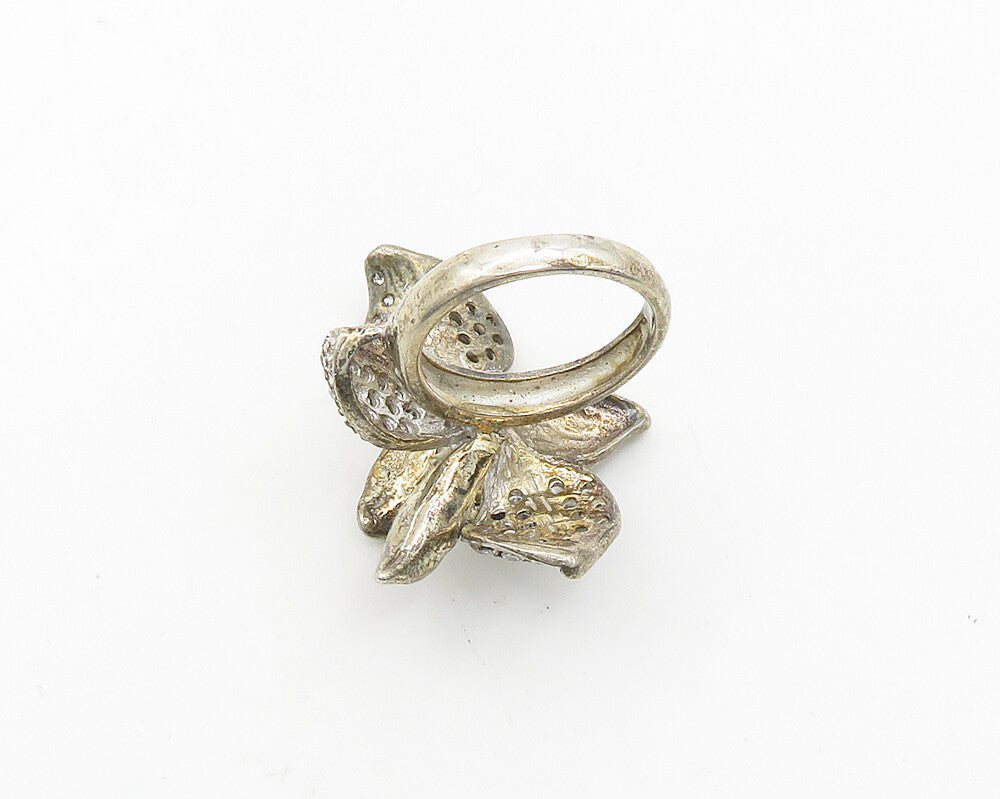 925 Silver  Vintage Cubic Zirconia Flower Motif Cocktail Ring Sz 4.5  RG19842