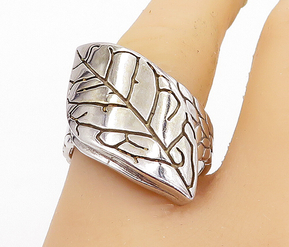925 Sterling Silver  Shiny Etched Floral Leaf Motif Band Ring Sz 9.5  RG5708