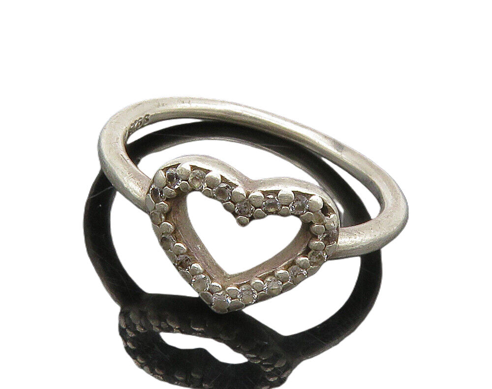 PANDORA 925 Silver  Vintage Topaz Open Love Heart Band Ring Sz 7.5  RG16267