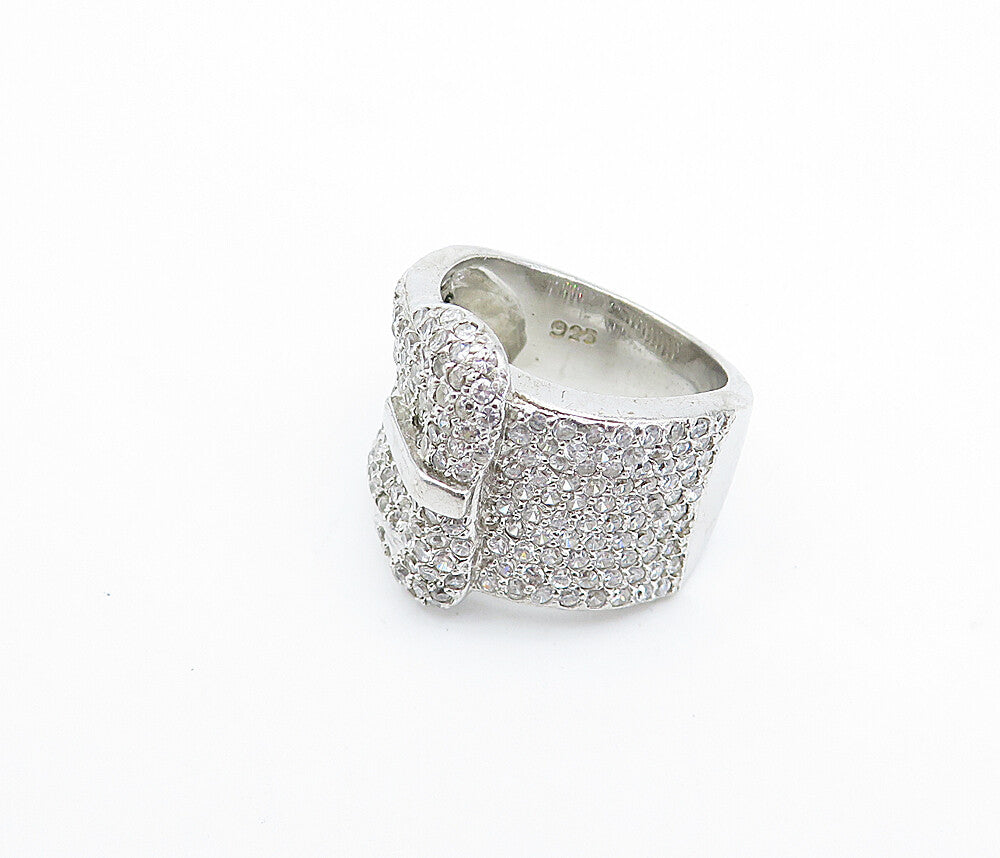 925 Sterling Silver  Cubic Zirconia Belt Buckle Motif Band Ring Sz 6  RG3634