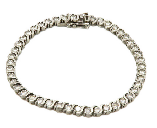 925 Sterling Silver  Vintage Round Cut Topaz Swirl Chain Bracelet  BT6418