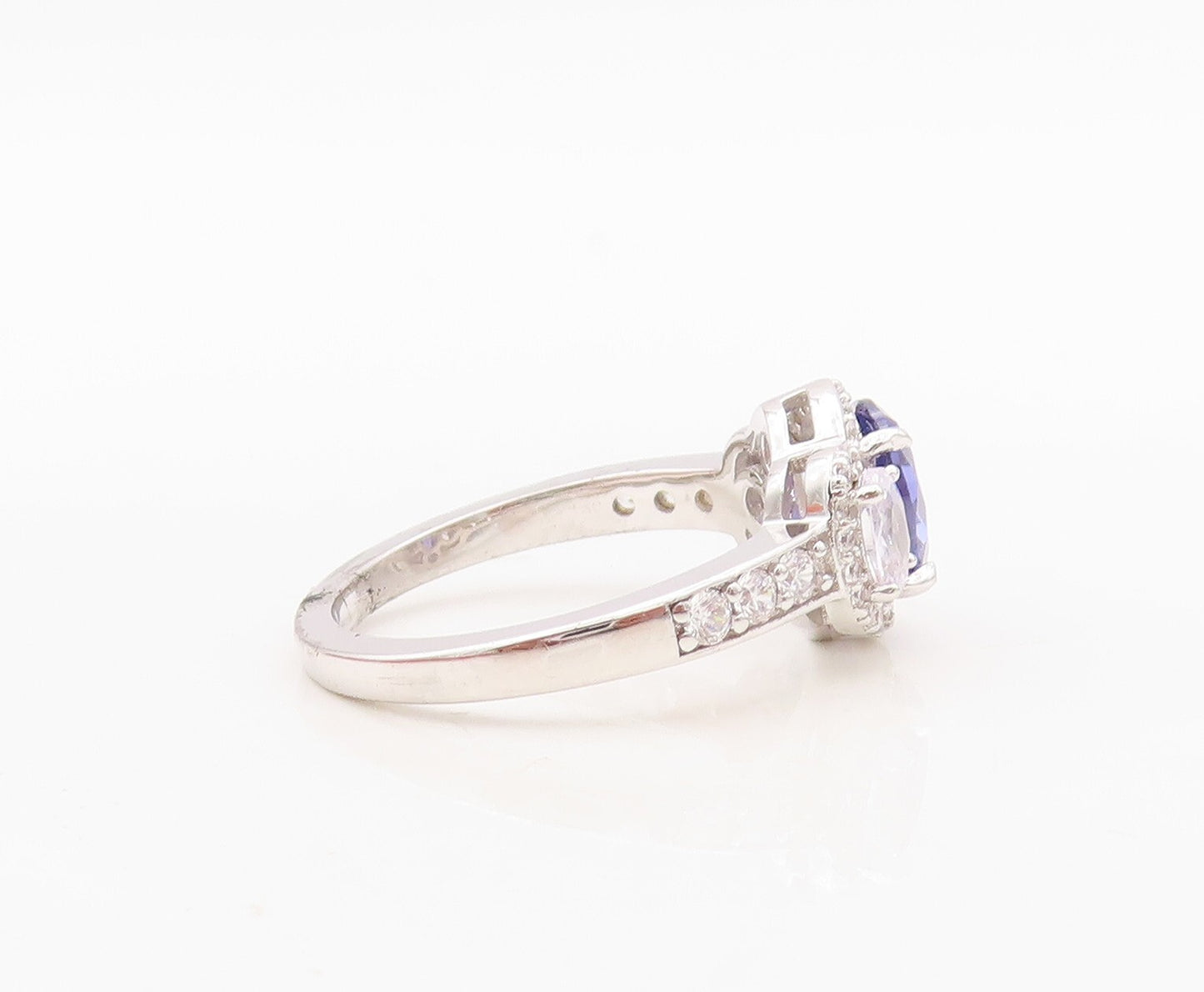 925 Sterling Silver Vintage Ring Oval Cut Sapphire Halo CZ Band  Sz 7  RG30459