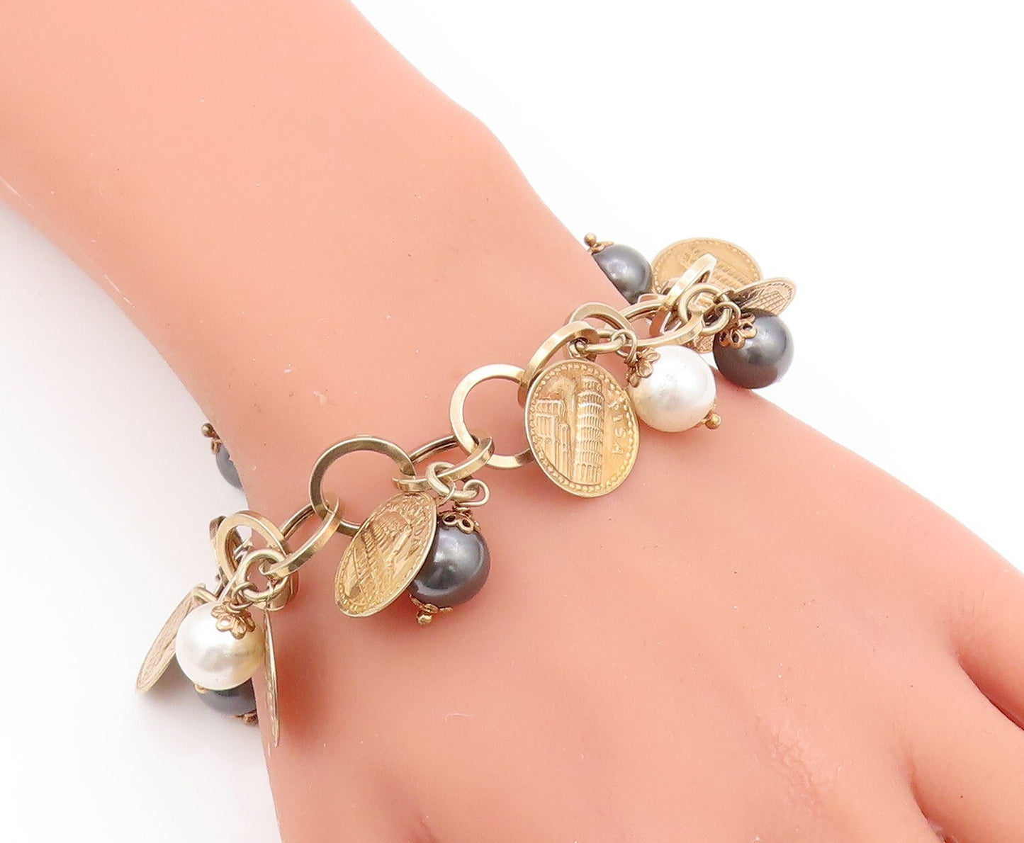 925 Sterling Silver Vintage Bracelet Gold Rings Dangling Pearls & Coins  BT10986