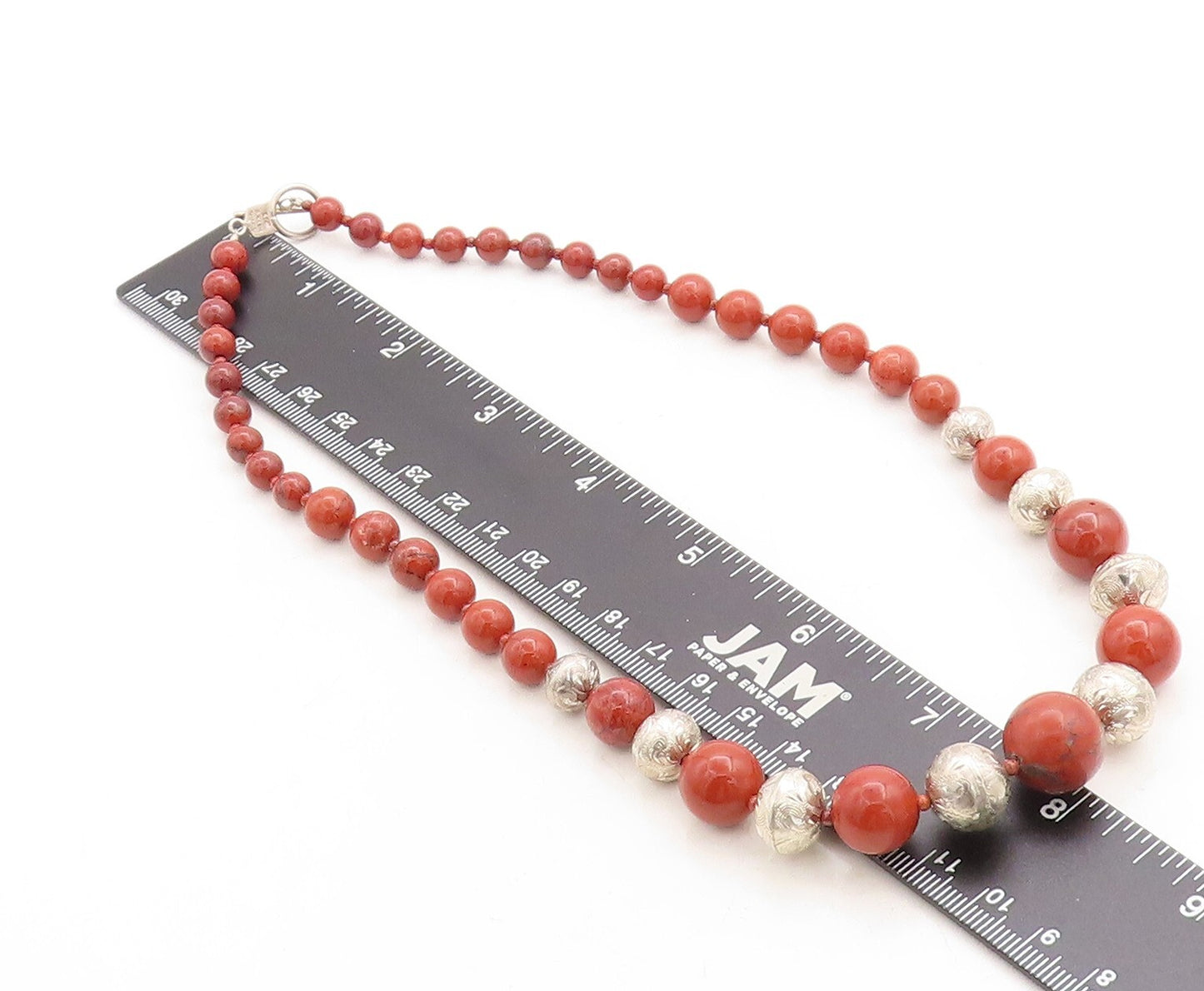 MERAV MEXICO 925 Silver  Vintage Jasper Beaded Pattern Chain Necklace  NE1503