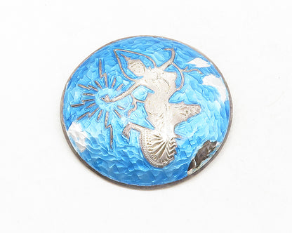SIAM 925 Sterling Silver  Vintage Blue Enamel Dancer Round Brooch Pin  BP4791
