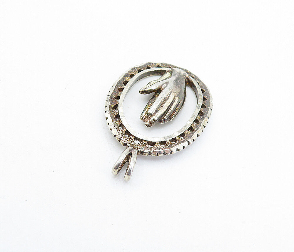 925 Sterling Silver  Vintage Prayer Hands Oval Border Drop Pendant  PT4696