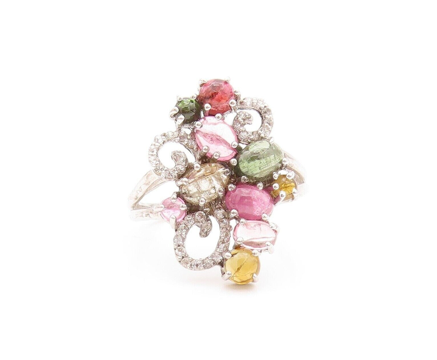 925 Sterling Silver Vintage Ring Cabochon Gemstones Floral Inlay  Sz 9  RG30011