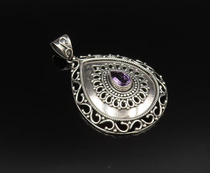 925 Sterling Silver  Vintage Openwork Pear Shaped Amethyst Pendant  PT21715