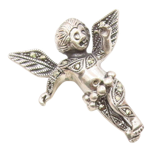 925 Sterling Silver  Vintage Shiny Marcasite Baby Angel Motif Pendant  PT17713