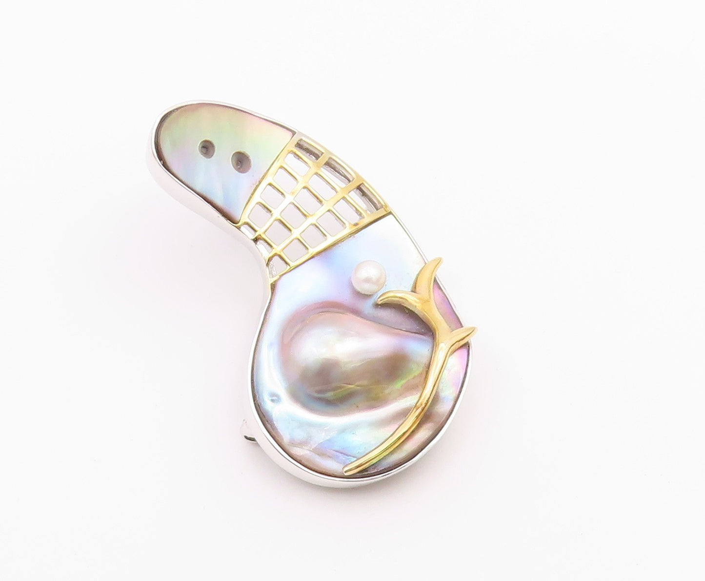 925 Silver  Vintage Two Tone Modernist MOP & Cultured Pearl Brooch Pin  BP9912