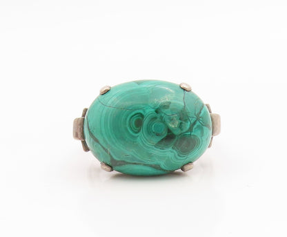 925 Sterling Silver Vintage Ring Modernist Cabochon Malachite Band Sz 8 RG35847