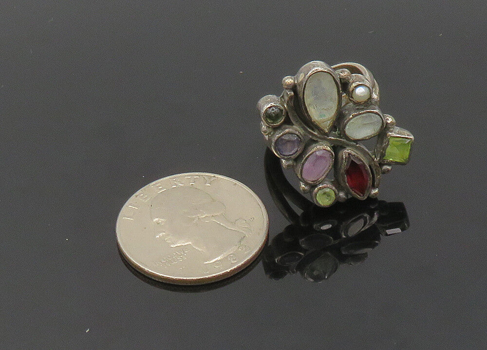 925 Silver Vintage Quartz Pearl & Multi Stone Cocktail Ring Sz 8 RG20341