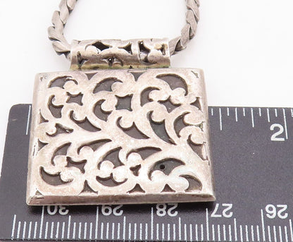 925 Sterling Silver Vintage Necklace Dark Tone Swirly Carved Square  NE4385
