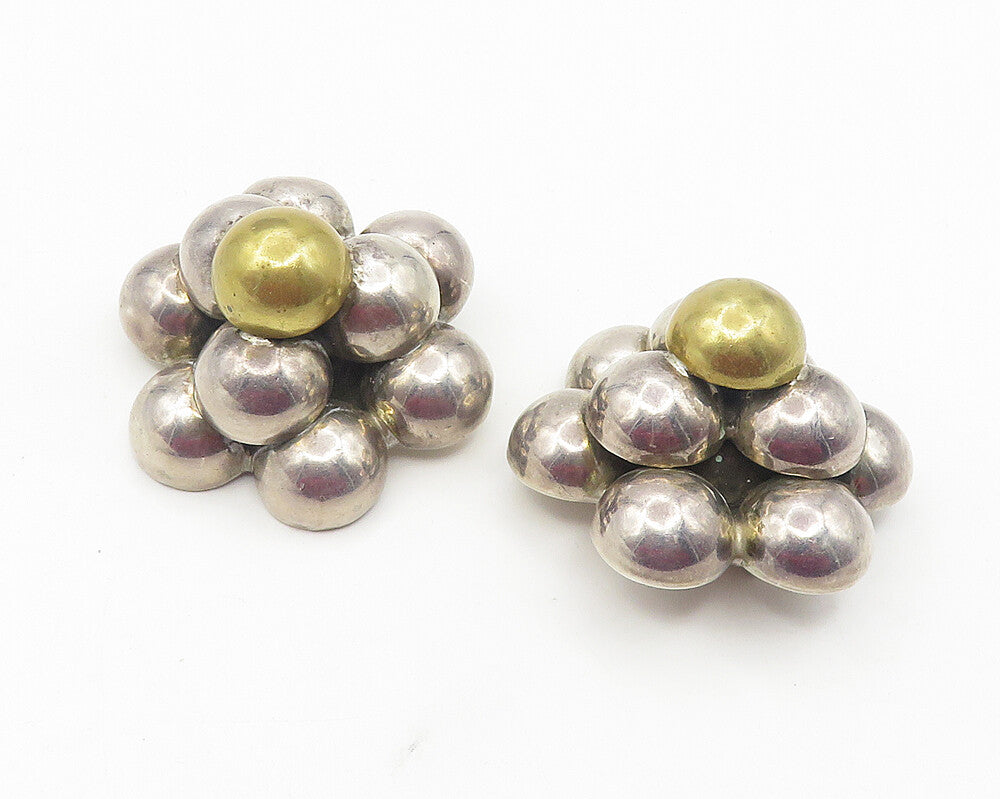 925 Sterling Silver  Vintage 2 Tone Floral Cluster Non Pierce Earrings  EG6069