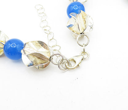 925 Sterling Silver  Vintage Blue Chalcedony Beaded Chain Necklace  NE1190