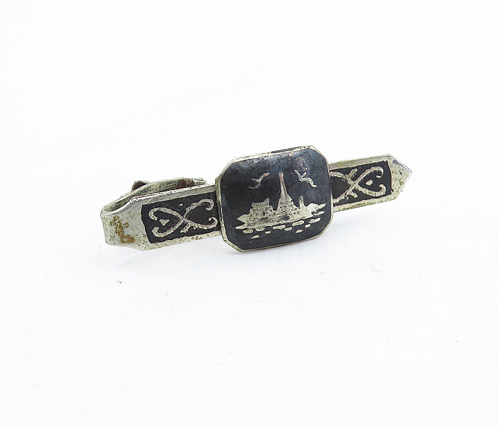 SIAM 925 Sterling Silver  Vintage Petite Niello Art Scene Tie Clip  TR1234