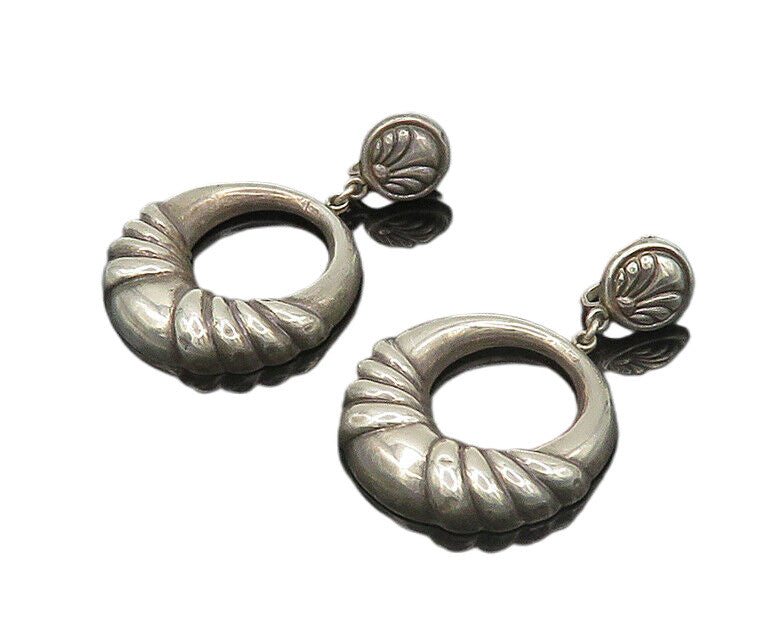 AHS MEXICO 925 Silver  Vintage Fluted Hollow Non Pierce Dangle Earrings EG9640