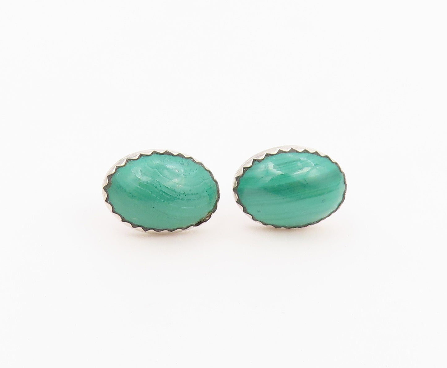 925 Sterling Silver Vintage Earrings Minimalist Cabochon Malachite Stud  EG14448