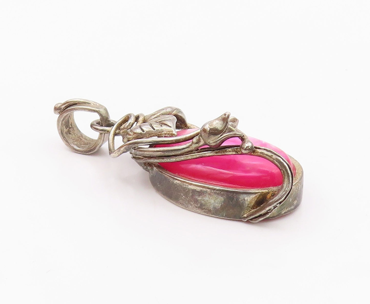 925 Sterling Silver  Vintage Floral Vine Wrapped Pink Stone Pendant  PT7836