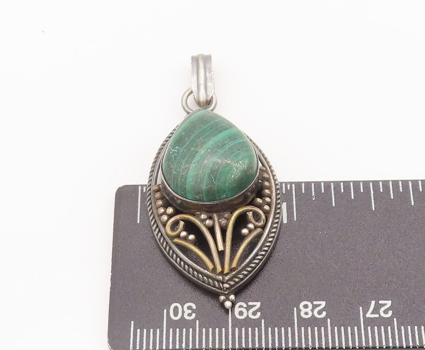 925 Sterling Silver Vintage Pendant Swirly Carved Drop Shape Malachite  PT22562