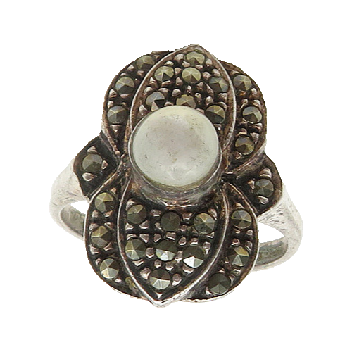 925 Silver  Vintage Mother Of Pearl & Marcasite Cocktail Ring Sz 6  RG18711