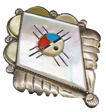 ZUNI NAVAJO 925 Silver  Vintage Mother Of Pearl & Stones Brooch Pin  BP10043