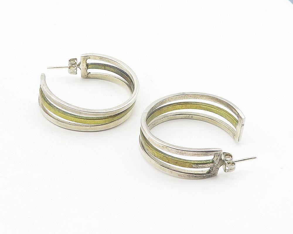 MEXICO 925 Sterling Silver  Vintage Two Tone Shiny J Hoop Earrings  EG6222