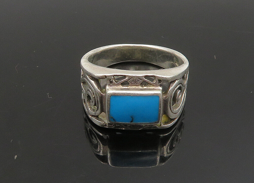 925 Sterling Silver Vintage Inlaid Turquoise Swirl Vine Band Ring Sz 6.5 RG23502