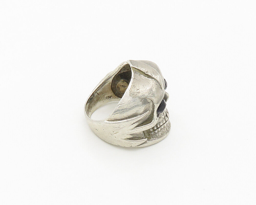 925 Sterling Silver  Vintage Black Hematite Eyes Skull Band Ring Sz 8  RG18406