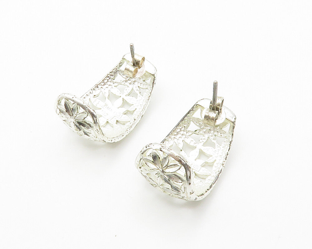 925 Sterling Silver  Vintage Shiny Flower Motif Cutout Drop Earrings  EG7305