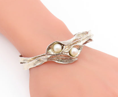 925 Sterling Silver Vintage Bracelet ISRAEL Pearl & Leaf Brutalist Cuff  BT11897