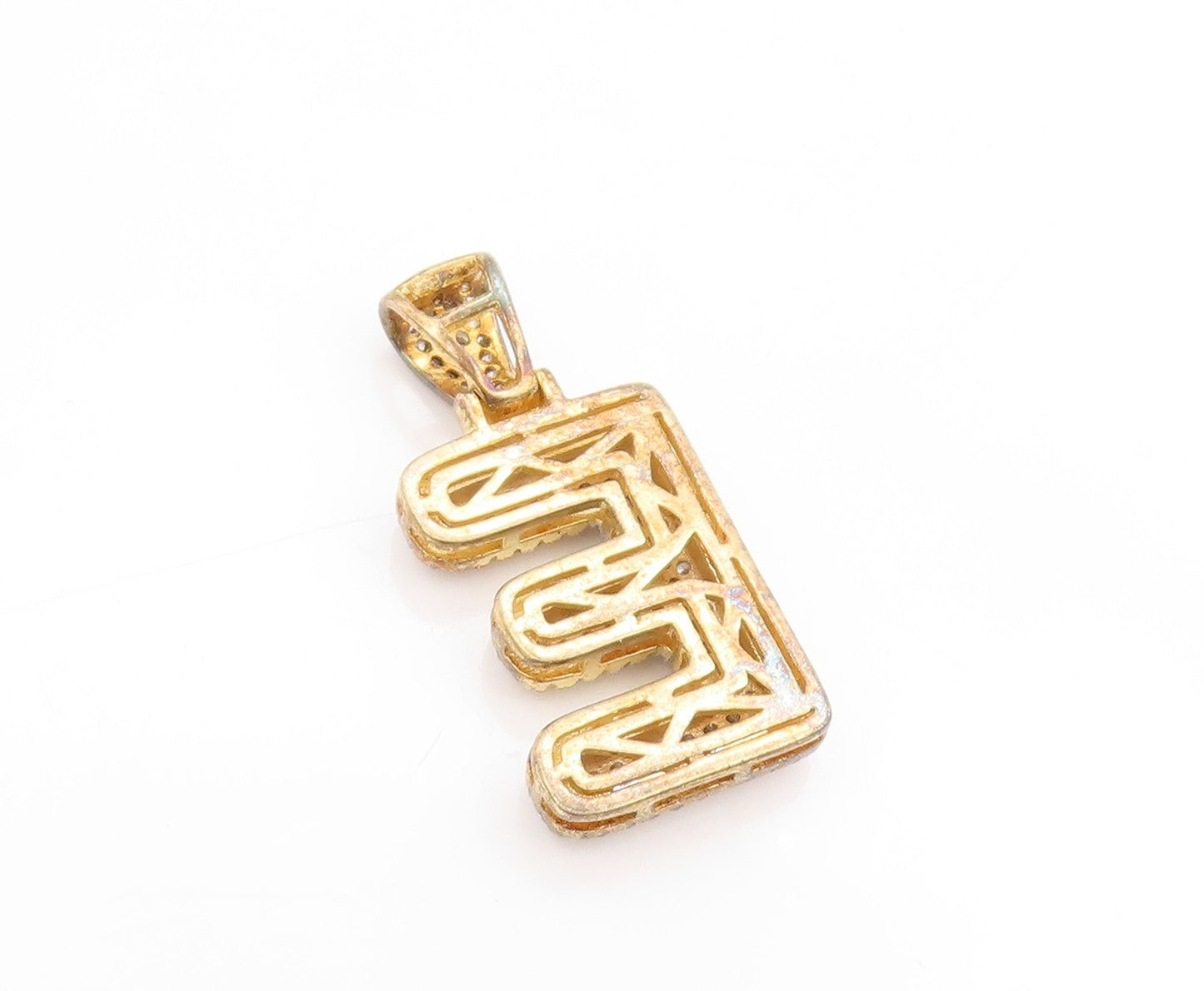 925 Sterling Silver Vintage Pendant Gold Plated CZ Clustered Alphabet E  PT25006