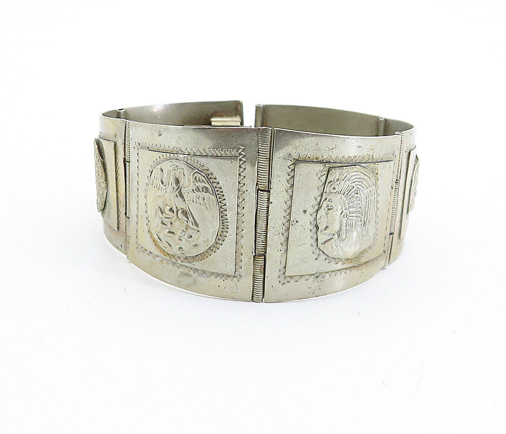 TAXCO MEXICO 925 Silver  Vintage Chief's Head Hinge Chain Bracelet  BT2688