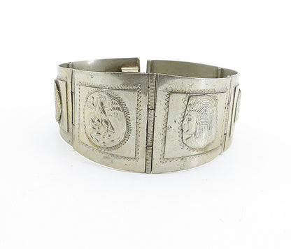 TAXCO MEXICO 925 Silver  Vintage Chief's Head Hinge Chain Bracelet  BT2688