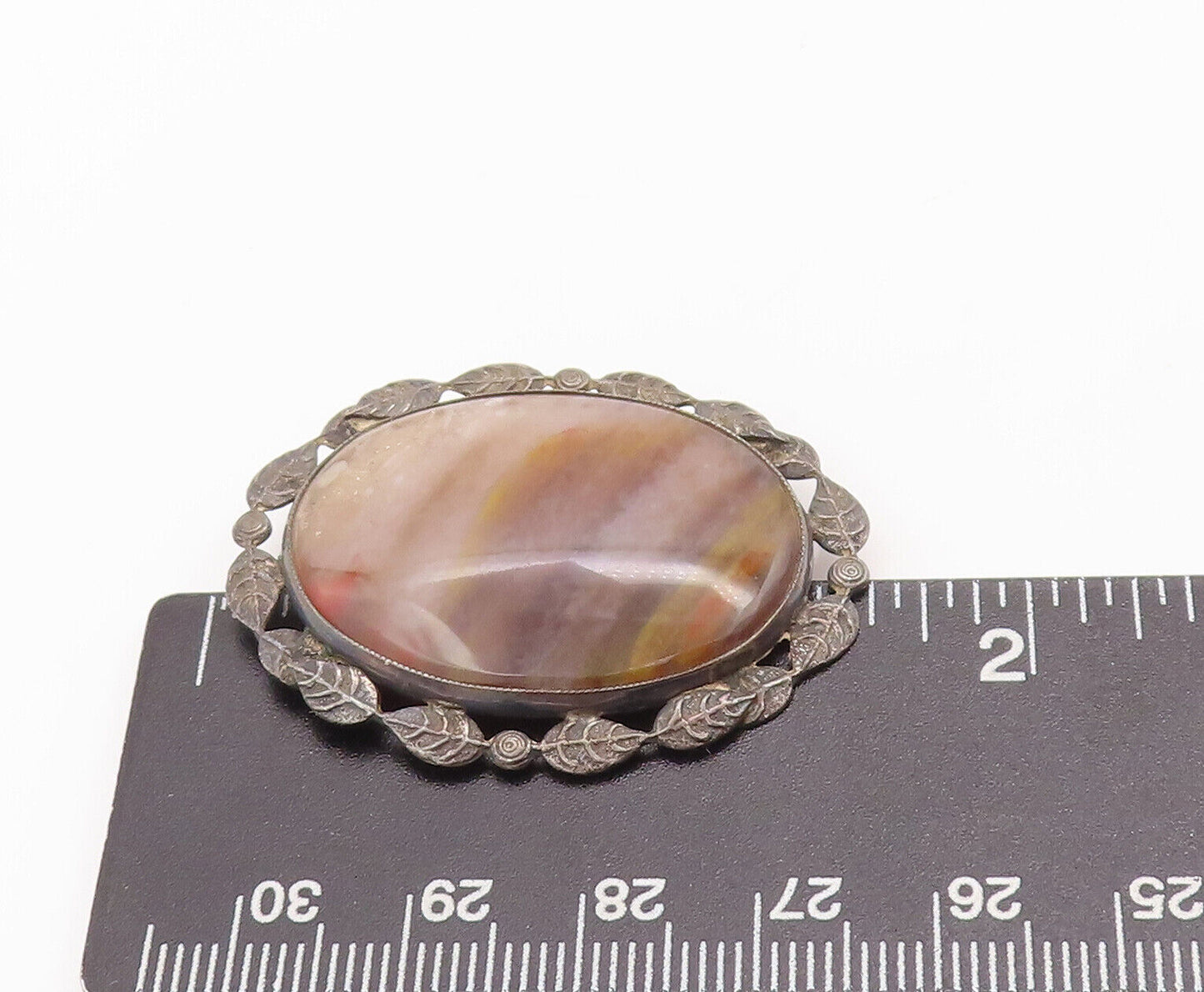 925 Sterling Silver Vintage Brooch Pin Gemstone Halo Carved Leaf Frame  BP10867