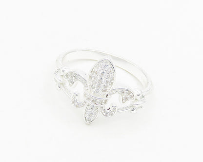 925 Sterling Silver  Shiny White Topaz Fleur De Lis Band Ring Sz 10  RG18657