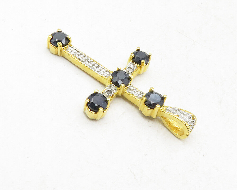 925 Sterling Silver  Black Hematite & Topaz Religious Cross Pendant  PT7906