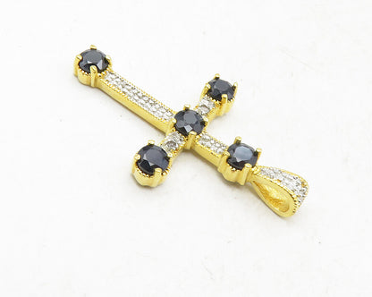 925 Sterling Silver  Black Hematite & Topaz Religious Cross Pendant  PT7906