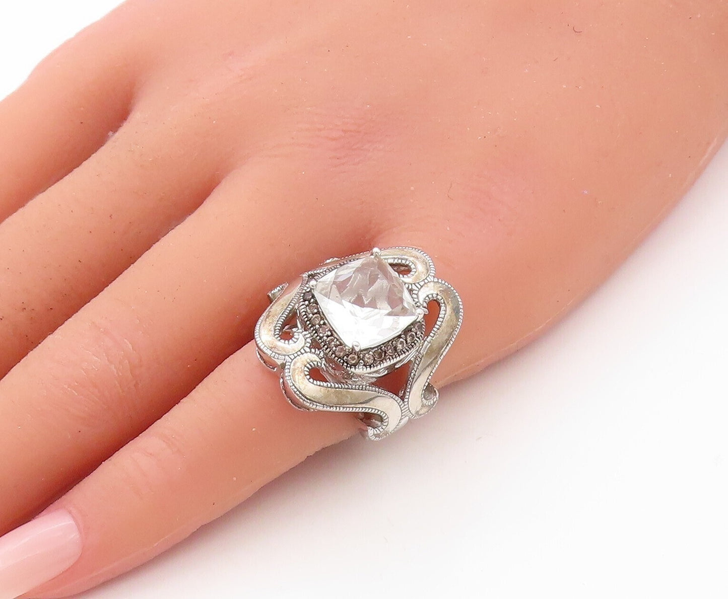 925 Sterling Silver Vintage Ring Designer Swirly Cutout Topaz  Sz 5  RG30565