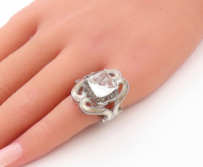 925 Sterling Silver Vintage Ring Designer Swirly Cutout Topaz  Sz 5  RG30565