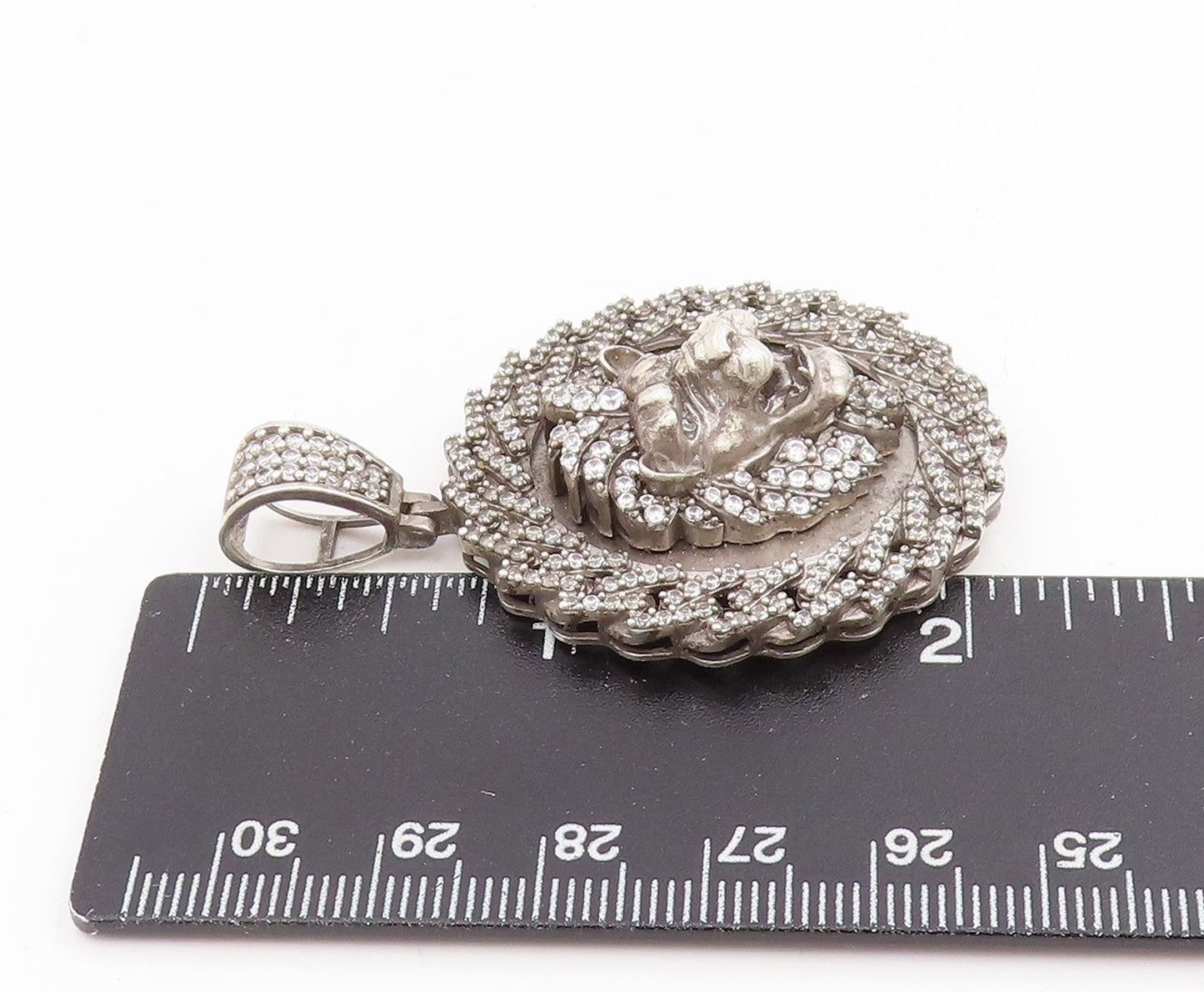 925 Sterling Silver Vintage Pendant CZ Roaring Lion Head Medallion  PT25638
