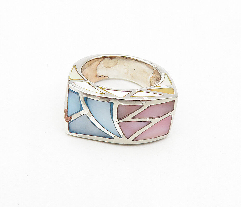 925 Sterling Silver  Vintage Mother Of Pearl Mosaic Band Ring Sz 6  RG8855