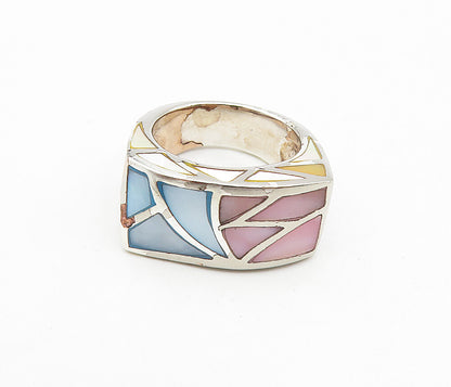 925 Sterling Silver  Vintage Mother Of Pearl Mosaic Band Ring Sz 6  RG8855