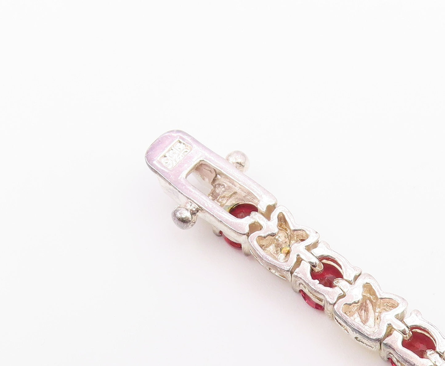925 Sterling Silver  Vintage Prong Set Red Topaz Shiny Chain Bracelet  BT8316