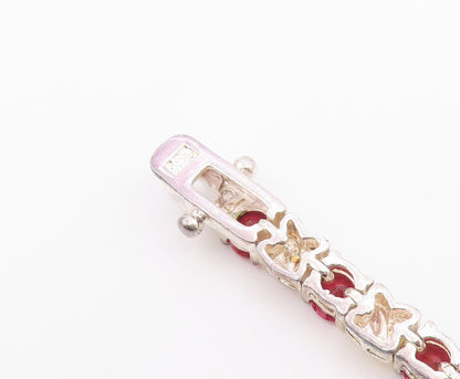 925 Sterling Silver  Vintage Prong Set Red Topaz Shiny Chain Bracelet  BT8316